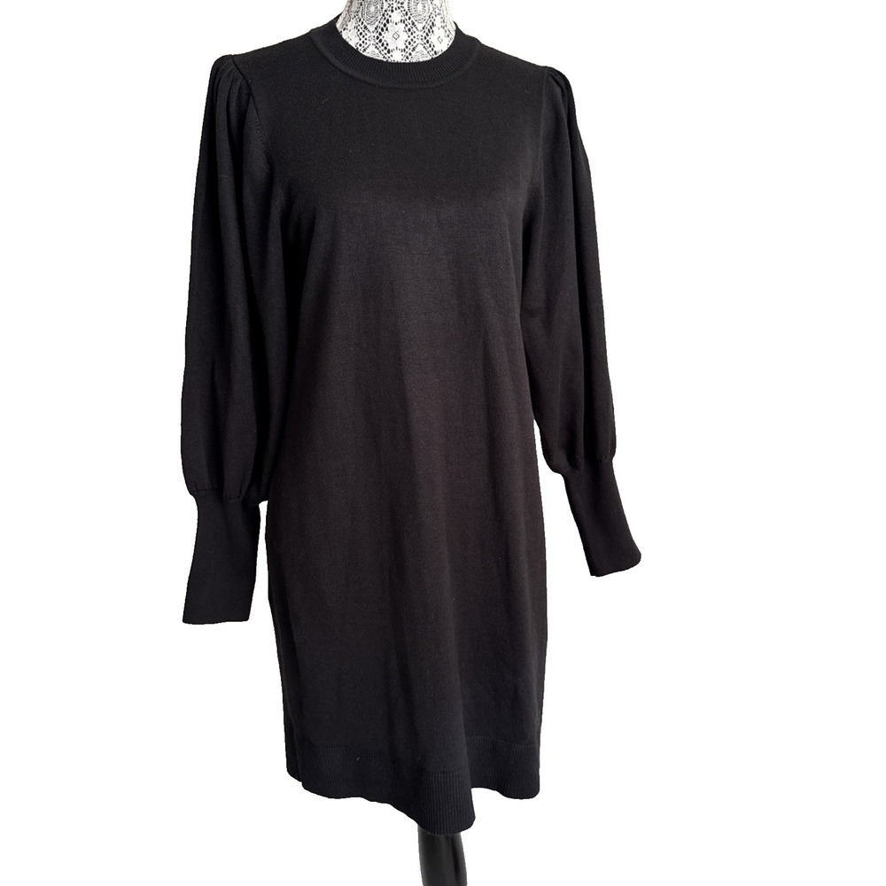 Vince‎ Camuto Sweater Dress Women M Black Puff Sleeve Office Minimalist Preppy